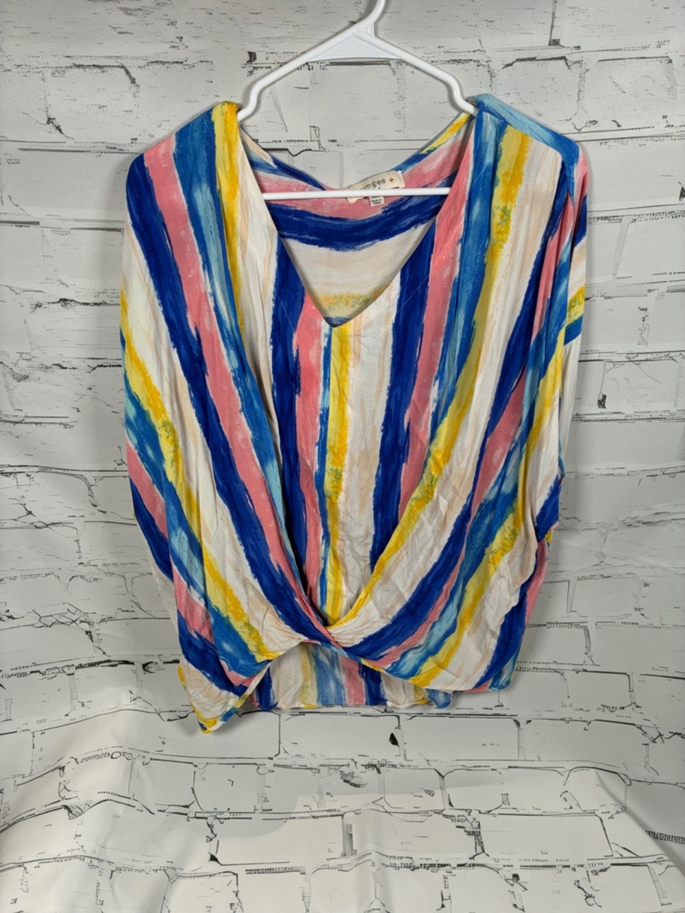Umgee Multicolor Vertical Stripe Twist-Front Blouse - Blue/Pink/Yellow/White